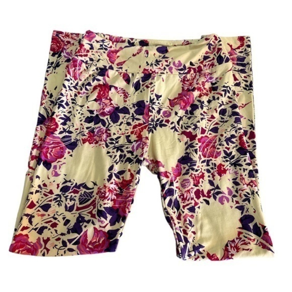 Lularoe Cream Pink Purple Floral Leggings One Size EUC #6733